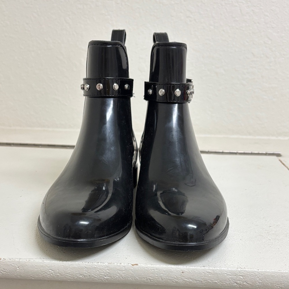 Halogen Glossy Black Ankle Rain Boots with Studded Strap